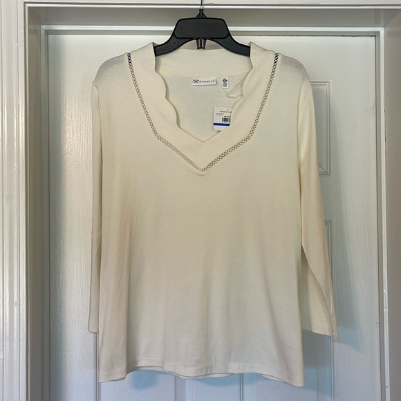 Rafaella - ivory 100% cotton scalloped v- neck with 3/4 sleeves - size XL - Picture 1 of 4